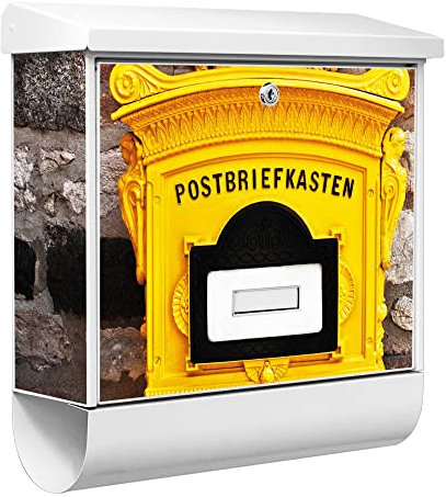banjado® Burgwächter Briefkasten Weiß 38x39x12cm mit Motiv Historische Post/Briefkasten mit Zeitungsfach/Briefkasten mit Zeitungsrolle/Postkasten inkl. Montagematerial & 2 Schlüsseln