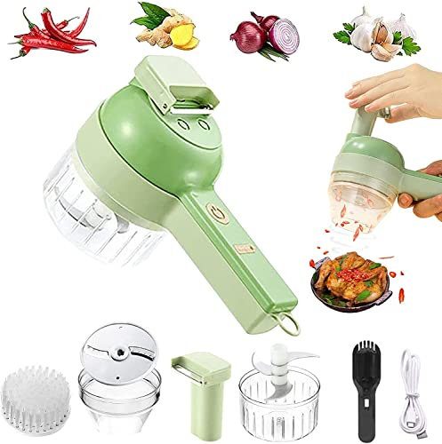 4 in 1 Handheld Electric Vegetable Cutter Set, Food Processor Set Electric Food Chopper with Brush, Multifunctional Vegetable Cutter Slicer for Garlic Pepper Chili Onion Celery Ginger Meat