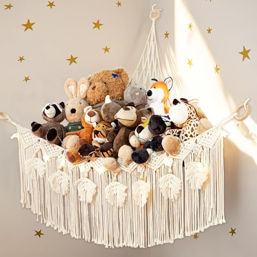 Makramee Spielzeug Aufbewahrung Kuscheltier Aufbewahrung Netz mit Sternenlicht, Plüschtiere Stofftier Hängend Spielzeug Organizer für Kinderzimmer, Boho Ecke Wand hängende Veranstalter (Weiß)