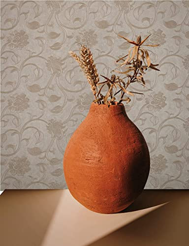 Marburg Tapet, blommiga blad, grå, guld, fibertapet, blommönster, lantligt för sovrum, vardagsrum, 10,05 x 0,70 m