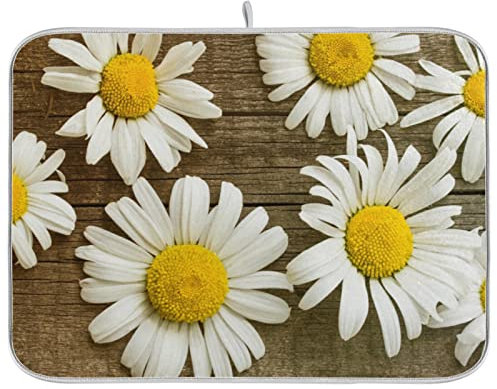 Absorbent Dish Drying Mat for Kitchen Counter - Small Daisies on Wooden Board Microfiber Drying Pad, Reversible Drainer Mats for Countertop, Small 16 x 18 inch, Large 18 x 24 inch