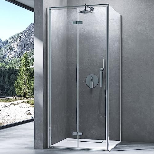 Mai & Mai Duschkabine Eckeinstieg mit Falttür 100x100x195cm | Duschabtrennung dusche 8mm ESG-Sicherheitsglas Nano-Beschichtung Hebe-Senk-Mechanismus Ravenna37K