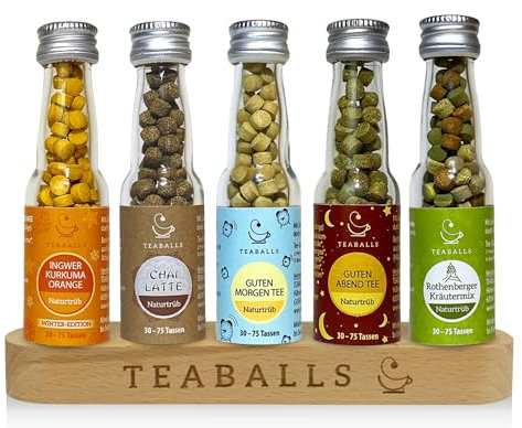 TEABALLS BIO – 5er Set BIG PURE – Ingwer-Kurkuma-Orange, Chai Latte, Guten Morgen, Guten Abend, Rothenberger Kräuter – ca. 200 Tassen Bio-Tee – nur mit heißem Wasser – zuckerfrei & nachhaltig