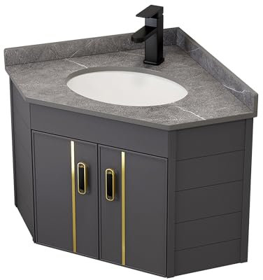 Waschbecken mit Unterschrank Waschtisch Aufsatzwaschbecken mit Unterschrank Waschbeckenunterschrank Hängend Klein für Gäste WC Badmöbel Set für Kleine Bäder mit Wasserhahn Schwarz/Weiß/Grau ( Color :