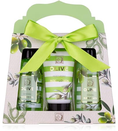 Accentra - Duschset för kvinnor OLIV i vacker presentförpackning - 3-delat vårdset med duschgel, kroppslotion och bubbelbad - Wellness presentset för alla hjärtans dag, mors dag och jul