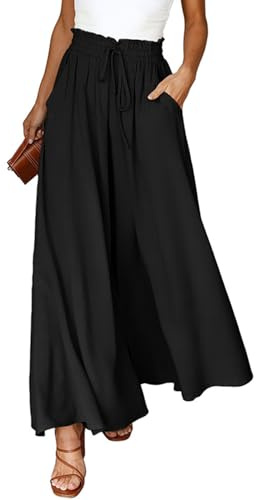 CMTOP Sommerhose Damen Leicht Lässige Palazzo Hose Elastisch Hohe Taille Freizeithose mit Taschen Kordelzug Baggy Schlaghose Elegante Business Hosen(Schwarz,S)