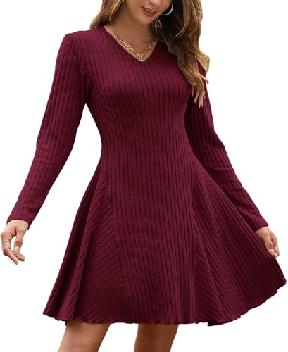 AUSELILY Höstklänningar för kvinnor UK lätt vinter jumper klänning stickad v-hals en linje långärmad klänningar knälång tröja klänning elegant, Vinrött, S