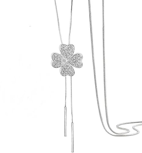 Cosysparks Four Leaf Clover necklace, långt halsband damer silver modesmycke kedja lång tröja kedja tröja halsband för kvinnor flickor, Zink