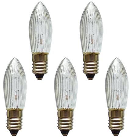 Erzgebirgslicht - AUSWAHL - 5x Topkerze Spitzkerze 12V 2W E10 für 20 Brennstellen Ersatzbirne Glühbirne Riffelkerze Glühlämpchen für Lichterketten und Schwibbogen (keine LED!)