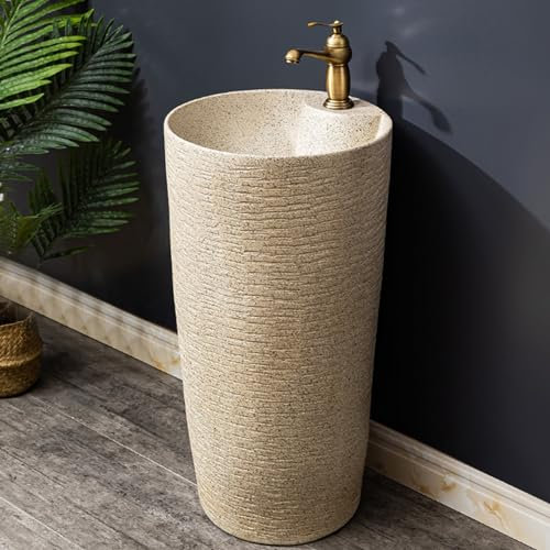 Waschbecken aus Keramik für Badezimmer mit heißem und kaltem Wasserhahn, handgeschnitztes Säulenwaschbecken mit Überlauf, Puderraumwaschbecken, Standwaschbecken