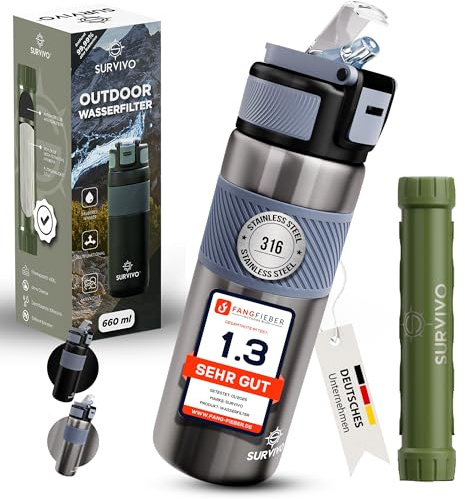 SURVIVO® Wasserfilter Outdoor Flasche [660ml] Trinkflasche aus Edelstahl mit entnehmbarem Filter, 4000l Filterkapazität, Camping, Wandern, Survival, Reisen – sicherste Ergänzung zur Outdoor Ausrüstung