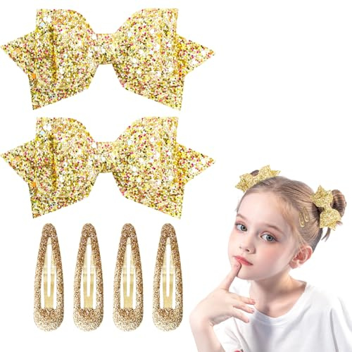 6 Piezas Glitter Hair Snap Clips Horquilla con Lazo Dorado Clips de Pelo de Lentejuelas Barrettes Accesorios para El Cabello con Brillo Accesorios para El Cabello para Niñas Mujeres