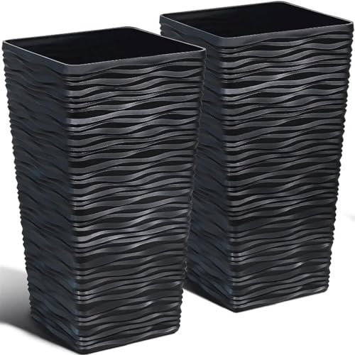 Macetas altas modernas negras, paquete de 2 macetas cuadradas cónicas para interiores y exteriores, 55,88 cm de altura, acabado ondulado, macetas decorativas de plástico