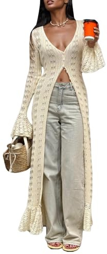 Unybwonn Womens Open Front Knit Sheer Cardigans Summer Boho Lightweight Long Bell Sleeve Plus Size Kimono Long Sweater