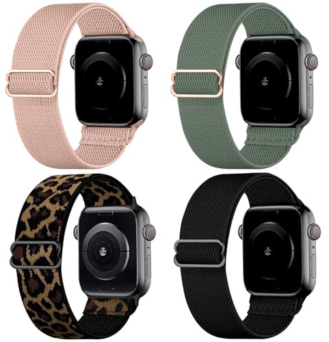 Rainway 4 Pack Stretchy Nylon Strap Compatible with Apple Watch Straps 38mm 40mm 41mm 42mmWomen Men, Adjustable Sport Elastic Bands for iWatch Series 10/9/8/7/6/5/4/3/2/1/Ultra/Ultra 2/SE-01