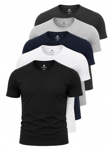 Piano Luce Men's Eco-Friendly T-Shirts (5-Pack) | 50% Recycled Cotton & 50% Recycled Polyester | Soft & Durable Crew Neck Plain Tees, Multi-Pack, UK Sizes