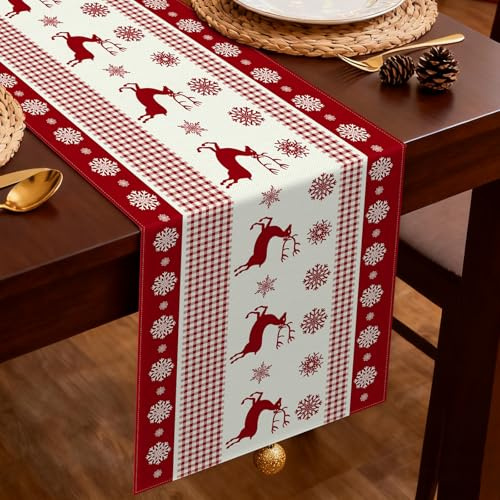Viosmut Tischläufer Weihnachten 40x140 cm, Weihnachtstischläufer Rot Elch Winter Weihnachts Tischdeko, Weihnachten Tischläufer Modern Schneeflocke für Weihnachtsdeko Innen Tisch Küche im Freien