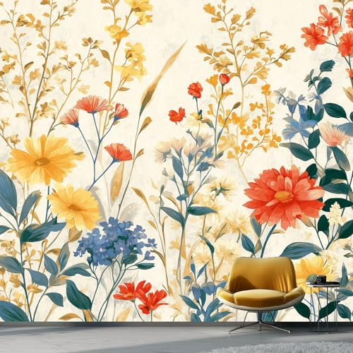Carta da parati 200 x 148 cm - Colorato Fotomurali Murale alla moda Decorazione da Muro Poster Design Cameretta Carta per pareti - Vintage Fiori Acquerello Texture Progettazione di stampa