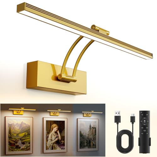 YITGOG Picture Lighs for Wall Rechargeable Picture Light with Remote,40cm Wireless Picture Light Magnetic Painting Light with Dimmable & 3 Color Change for Dartboard Frame Mirror (Gold)