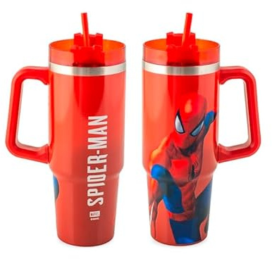 H&H Mug isotherme Spiderman en acier inoxydable 0,90 l – Tasse isolante avec paille, garde au chaud et au froid, sans BPA, lavage à la main