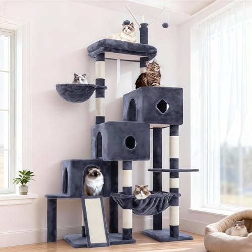 Hey-brother Árbol rascador para Gatos Grandes, 160 cm, 3 Camas, Hamaca Grande, Superficie de Descanso y Tabla rascadora de sisal, Gris Humo EMPJ081G