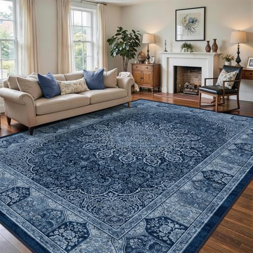 BYBSRLL Groß Vintage Teppich Wohnzimmer 160x230 cm - Weicher, Waschbarer & Rutschfester Kurzflor Teppiche, Orient Teppich Gegend für Esszimmer, Schlafzimmer, Kinderzimmer und Homeoffice, Alt-Navyblau