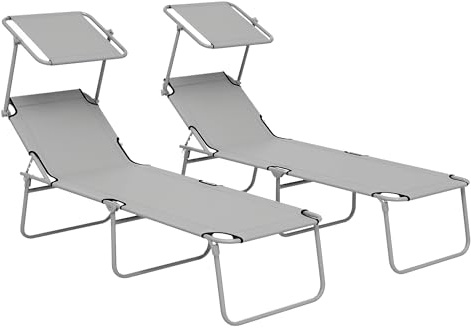Outsunny Set di 2 Lettini Prendisole da Giardino Pieghevoli con Tettuccio Schienale Regolabile, Sdraio da Giardino in Tessuto Oxford e Metallo, per Spiaggia, Piscina, 187x58x36 cm, Grigio Chiaro