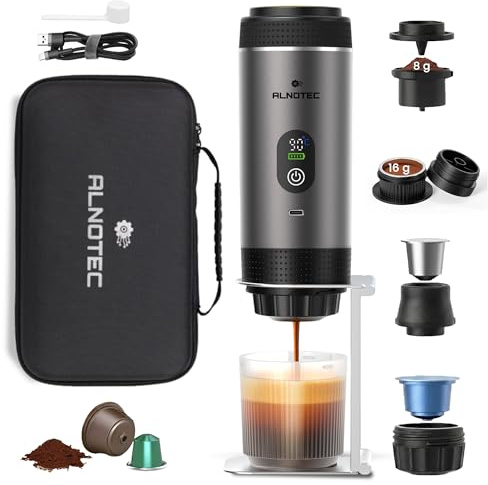 ALNOTEC Machine à Café Portable Électrique 20 Bar Auto-Chauffante – 3 EN 1 Compatible Capsules NES®, DG® et Café Moulu – 2 Adaptateurs Café Moulu 8g/16g – USB-C - Sac+Support