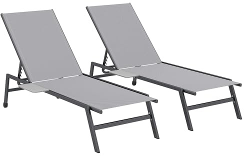Outsunny 2er Set Sonnenliege Gartenliege mit 5-Fach höhenverstellbarer Rückenlehne Seitentisch 2 Räder, rutschfeste Füße Outdoor Liegestuhl bis 120kg Gartenmöbel Strandliege für Pool, Strand Grau