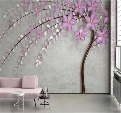 XLMING En Relief Frais Élégant Violet Petit Arbre Fleurs 3D Papier Peint Texture Soyeuse Intissé Salle à Manger Bureau D'étude Canapé Chambre Salon TV Mur-430cm×300cm