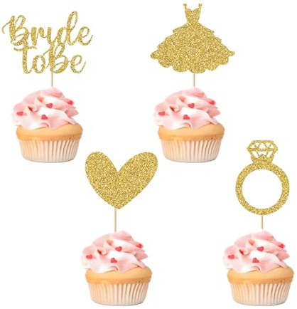 24Pcs Bride To Be Cupcake Toppers Wedding Dress Ring Heart Glitter Cake Toppers Decorations for Wedding Engagement Party Bridal Shower Supplies