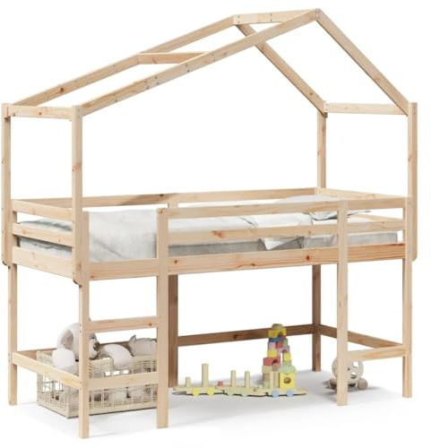 Yisssmeng Letto a soppalco 80 x 200 cm, in legno massello con tetto e scaletta, per cameretta dei bambini