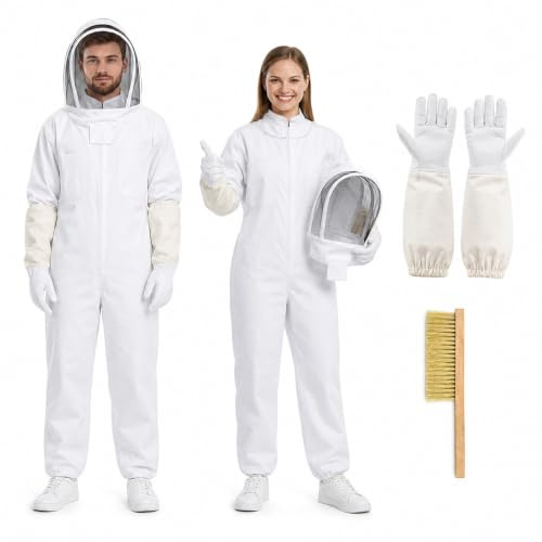 XPJBKC Imkeranzug mit Imkerhandschuhe, XL/XXL Professioneller Vollschutz Imker kostüm, Abnehmbarer Kapuze Atmungsaktiver Imker Schutzanzug Unisex Männer Frauen Garten Hinterhof Ranch, Weiß