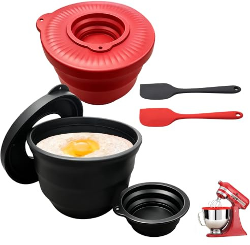 MerriBox 2er Set Silikoneinsatz mit Deckel für KitchenAid 4,5/5 QT Kippkopf-Standmixer, faltbare Silikon-Rührschüssel, antihaft, BPA-frei, spülmaschinenfest, lebensmittelecht, inkl. 2 Spateln