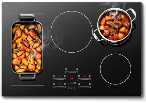 Plaque Induction 5 feux avec 1 Flexzone, Tables de cuisson encastrable 77 cm, Plaque à induction 9500W, 9 niveaux de puissance avec Booster, Commande tactile et Slider, Minuteur 1-99 min