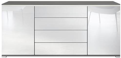 Sideboard Faro V2 - Kommode mit 2 Türen & 4 Schubladen, Schrank mit LED Lichtleiste, Anthrazit matt/Weiß Hochglanz (166,5 x 75,5 x 35)