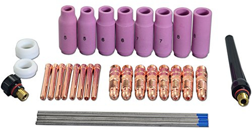 RIVERWELD TIG-Kollektorgehäuse, Aluminiumoxid-Düsen, Keramikkelche, 10N-Serie, 2% Lanthanat-Wolframelektroden WL20 - Kit für SR WP 17 18 26 WIG-Schweißbrenner, 36 Stück