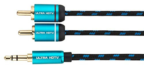 Cable Jack 3.5mm Macho a 2 RCA Macho de Ultra HDTV | Jack a 2 Cinch/Phono | Nylon Trenzado | Adaptador Metálico y Conectores Dorados | para Smartphone, Altavoces, PC, Receptores de Audio | 1 m