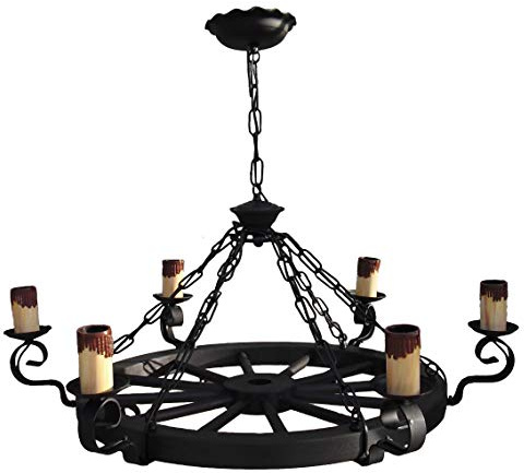 Lámpara de rueda de carro con 6 luces. Rustica. Diámetro total 85 cm.