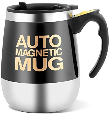 Fdit Tazza con funzione di auto mescolamento, in acciaio inox, magnetica, per caffè, tè, cioccolata calda, latte, preparati proteici Nero