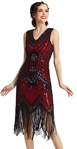 BABEYOND Damklänningar med klaffar 1920-tal V-ringad pärlfransar Great Gatsby klänning, Röd, 3XL