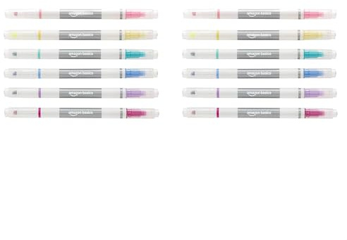 Amazon Basics Erasable Highlighters Assorted Colors, Dual Tip, 12-Pack, Office and School Supplies for Note-Taking