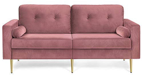 VASAGLE LCS001P01 3 Seater Sofa Living Room Velvet Cover for Flats Small Spaces Wooden Frame Metal Legs Easy Assembly Modern Design 190 x 82 x 84 cm Pink