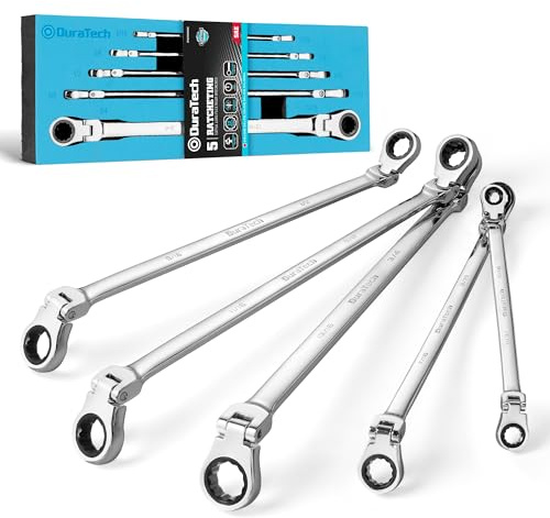 DURATECH Extra Long Flex-Head Ratcheting Wrench Set, Double Box End Wrench Set, 5-Piece, SAE, 5/16 to 13/16, CR-V Steel, with EVA Foam Tool Organizer
