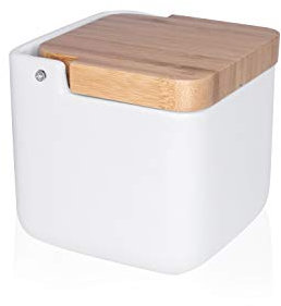 KOOK TIME Salero de Cocina de cerámica SQUARE | Tarro multiusos con tapa basculante de Bambú | Ideal para usar como Salero, azucarero o especiero | 11.5 x 11.5 x 11.5 cm. | Blanco
