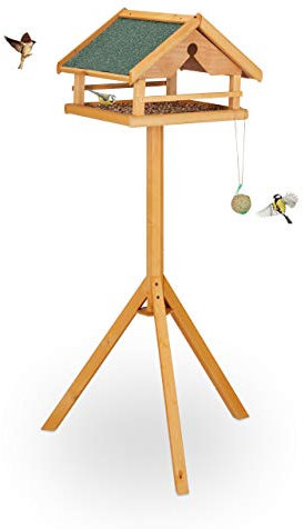 Relaxdays Mangiatoia per Uccelli con Supporto, Casetta con Tetto Resistente alle Intemperie, Casa Legno, Naturale/Verde