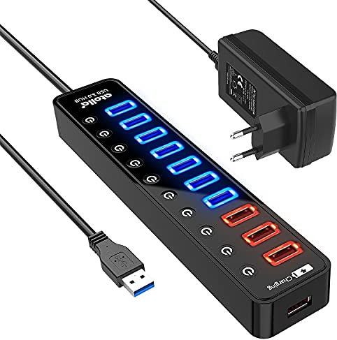 Atolla USB Hub Aktiv 3.0 mit 48W (12V/4A) Netzteil, 11-Port USB 3.0 Extension verteiler (7 Datenports + 4 Smart Charging Ports) mit Einzelnen EIN/Aus-Schalter und für High Power USB Geräte Netzteil