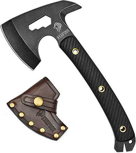 NedFoss Bison 9.8 Tactical Hatchet Axe, Tomahawk Hatchet with Genuine Leather Sheath and G10 Handle, Compact Camping Gear Bearded Axe Gifts for Men, Multifunctional Survival Axe with Spike Tool