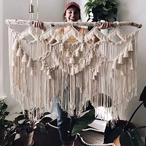 WABMJGW Handgefertigter Makramee Wandteppich Großer Boho-Dekor, Makramee-Wandteppich Baumwollseil Elegante Quaste Fransen, Böhmische Wandkunst Tapisserie Heimtextilien,Beige-140 x 115 cm