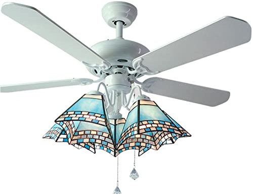 GAUUA Vintage Tiffany Style Ceiling Fan with Lights And Remote Control Stained Glass Shade Fan Chandelier Lamp Dimmable Fan Living Room Bedroom 5 Wooden Leaf Blades 39 Inch,E